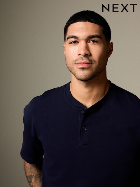 Navy Blue Relaxed Fit Heavyweight Grandad Collar 100% Cotton T-Shirt (AJ5058) | €19