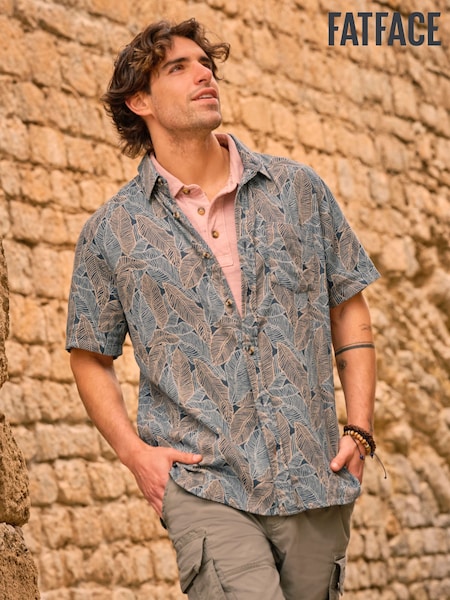 FatFace Teal Blue Short Sleeve Leaf Print Shirt (AJ5106) | €63
