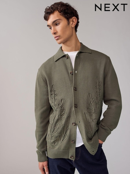 Khaki Green Relaxed Fit 100% Cotton Embroidered Floral Knit Cardigan (AJ5120) | AED87