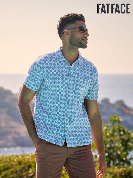 FatFace Blue Short Sleeve Embroidered Geo 100% Cotton Shirt (AJ5136) | €61