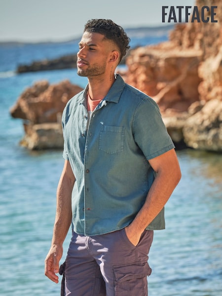 FatFace Bugle Dark Teal Blue Short Sleeve Linen Cotton Shirt (AJ5254) | €60