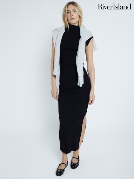 River Island Black Ribbed Roll Neck and Midi 100% Cotton Skirt 2 Piece Set (AJ5283) | €19