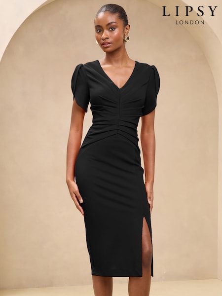 Черный - Lipsy Tulip Sleeve Ruched Midi Bodycon Dress (AJ5374) | €90