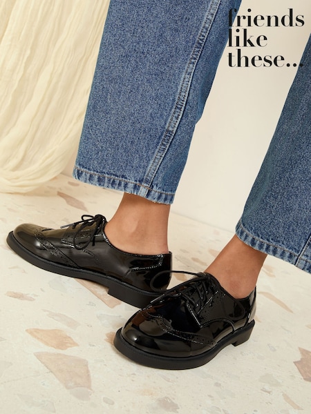 Friends Like These Black Wide Fit Flat Comfort Lace Up Patent Faux Leather Brogue Shoes (AJ5466) | ₪161