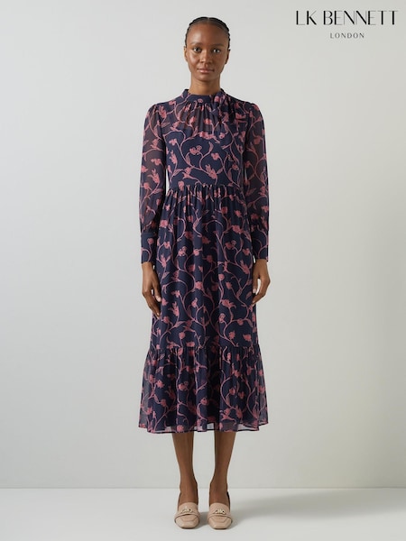 LK Bennett Blue Selina Spring Sketchy Floral Print Georgette Dress (AJ5467) | € 233