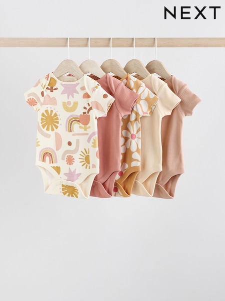 Creme/Braun - Baby Short Sleeve 100% Cotton Bodysuits 5 Pack (AJ5499) | 24 € - 27 €