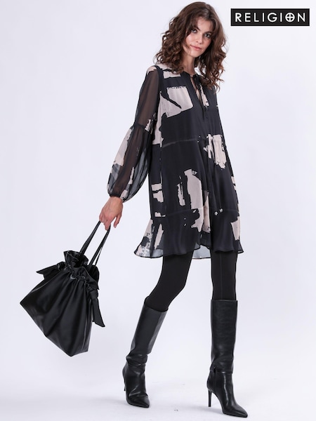 Religion Black Infinity Mini Tunic Dress With Cuffed Sleeves In Hand Painted Prints (AJ5600) | €117