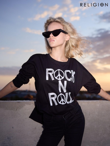 Religion Black Devotion Long Sleeve 100% Cotton Top With Beaded Rock N Roll (AJ5601) | €32
