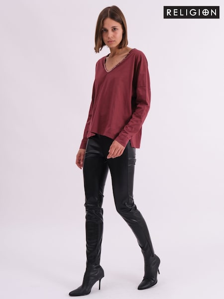 Religion Red Long Sleeve Deep V-Neck Jersey Top With Heavy Beaded Tonal Neck Line (AJ5606) | 94 QAR