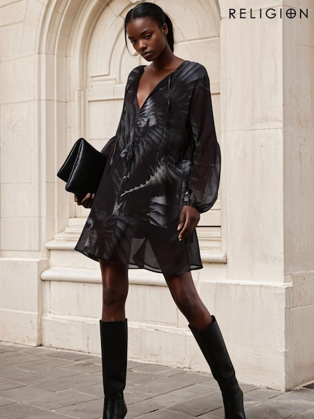 Religion Green Infinity Mini Tunic Dress With Cuffed Sleeves In Hand Painted Prints (AJ5611) | €67