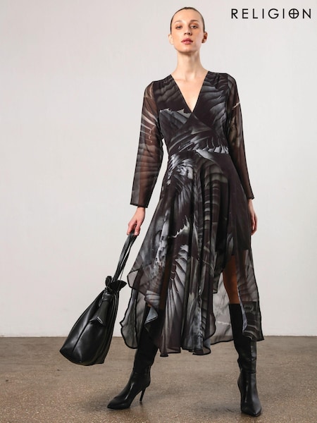 Grün - Religion Infinity langärmliges Midi-Kleid mit Taschentuchsaum und handgemalten Prints (AJ5612) | 90 €