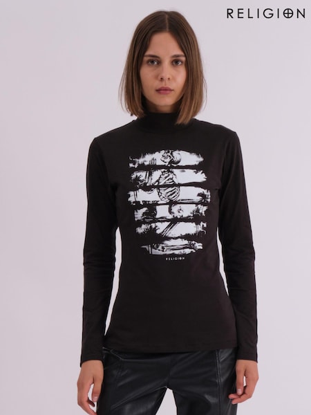 Religion Black Edge Roll Neck Top With Large Logo Praying Skelleton Print (AJ5617) | €34