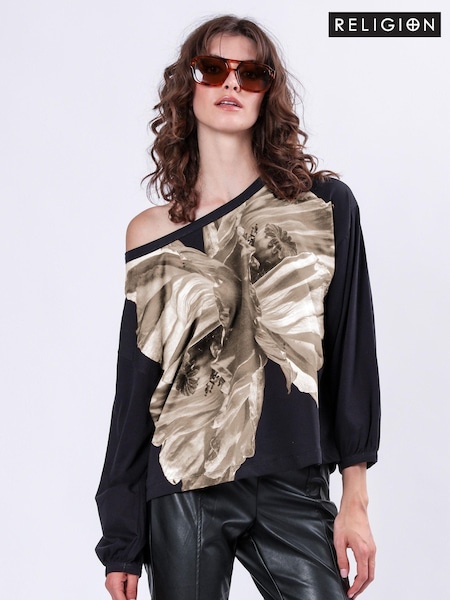 Religion Natural Oversized Batwing Charm Top with Floral Motif (AJ5618) | €38