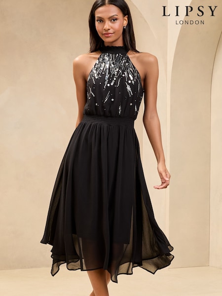 Lipsy Embellished Halter Fit And Flare Chiffon Midi Dress (AJ5856) | €99