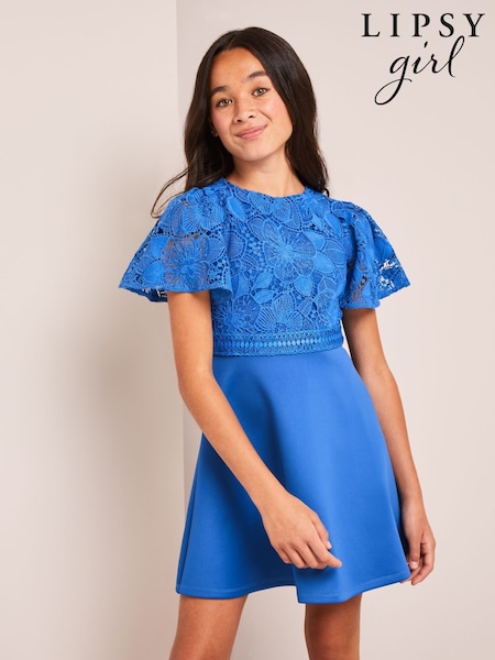 Lipsy Cobalt Blue 2-in-1 Flutter Sleeve Lace Occasion Dress (7-16yrs) (AJ5860) | €42 - €49