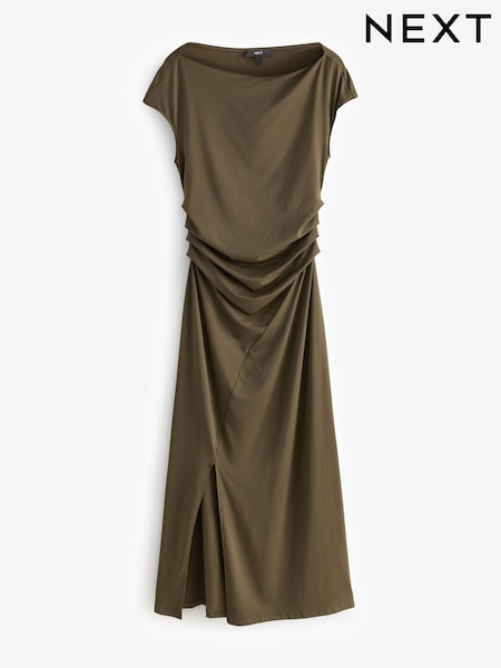 Khaki Green Polyamide Slinky Ruched Off The Shoulder Midi Dress (AJ5872) | 180 QAR