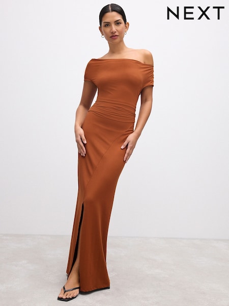 Rostbraun - Polyamide Slinky Ruched Off The Shoulder Midi Dress (AJ5873) | 58 €