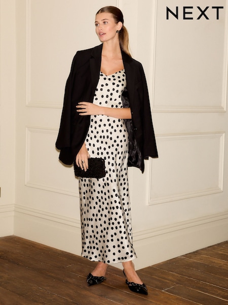 Black/White Spot Print Satin Cami Midi Slip Dress (AJ5880) | €41