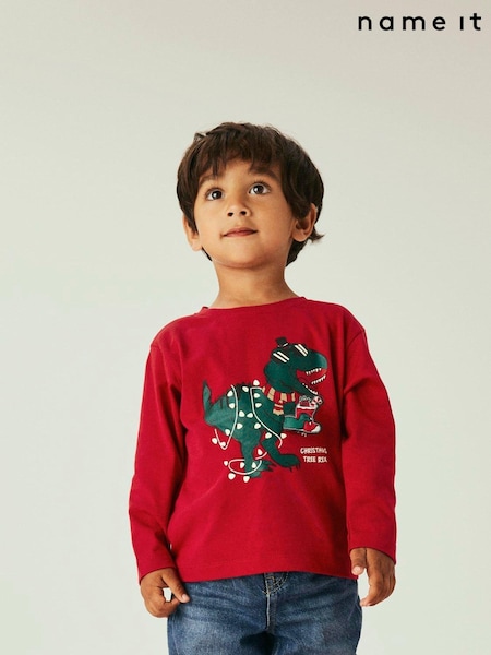 Name It Red Glow In The Dark Christmas Dinosaur Novelty Long Sleeve Top (AJ5909) | €14