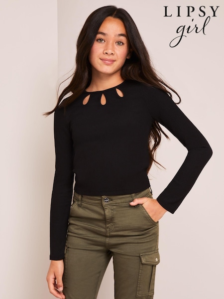 Lipsy Black Eyelet Long Sleeve Top (5-16yrs) (AJ5919) | R$ 140 - R$ 225