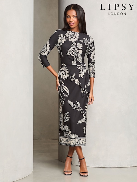 Lipsy Monochrome Printed Tie Side Jersey Midi Dress (AJ6173) | 119 QAR