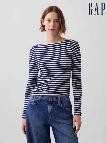 Blue Stripe - Gap Modern Boat Neck Long Sleeve T-shirt