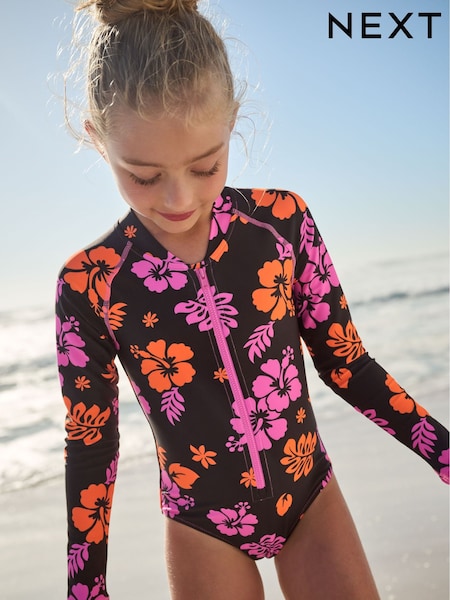 Black/Pink Tropical Long Sleeved Swimsuit (3-16yrs) (AJ6241) | €24 - €30