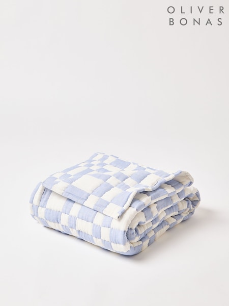 Oliver Bonas Blue Chequerboard Cotton Quilted Bedspread (AJ6287) | €136