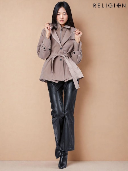 Luonnollinen - Religion Rhodium Trench Jacket With Belt And Double Fastening In Structured Crepe (AJ6313) | €228