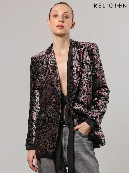 Religion Black Oberon Velvet Blazer With Vintage Style Burnout Print (AJ6316) | €96