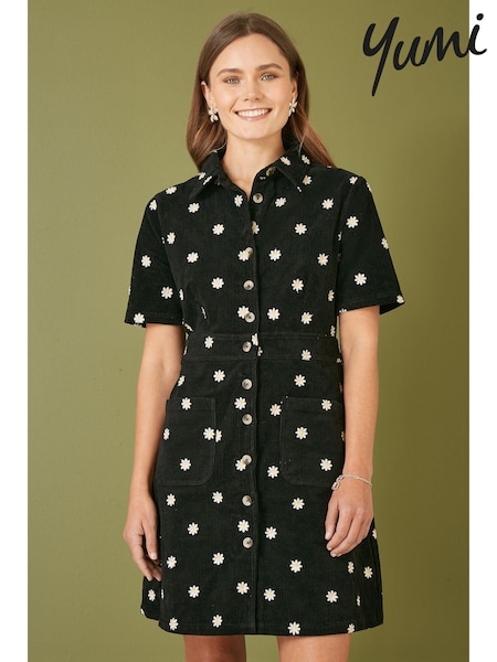 Yumi Black Daisy Embroidered Corduroy Shirt Dress (AJ6358) | €86