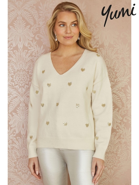 Yumi Cream Sequin Heart V-Neck Jumper (AJ6378) | 3,004 UAH