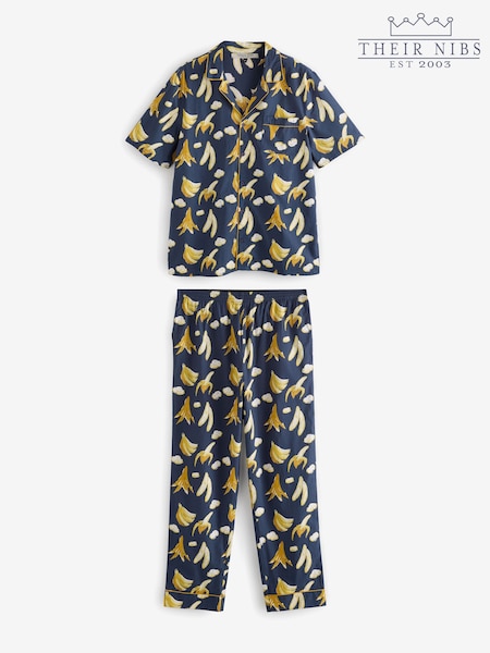 Their Nibs Navy Bananas Mens Short Sleeve Cotton Long Pyjama Set (AJ6488) | ₪211