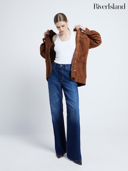 River Island Dark Blue High Waisted Relaxed Straight 100% Cotton Jeans (AJ6499) | €62