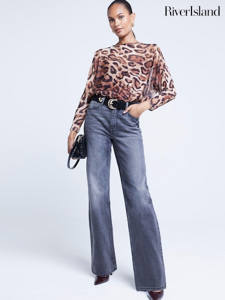 River Island Brown Long Sleeve Leopard Print Batwing Bodies (AJ6512) | €24