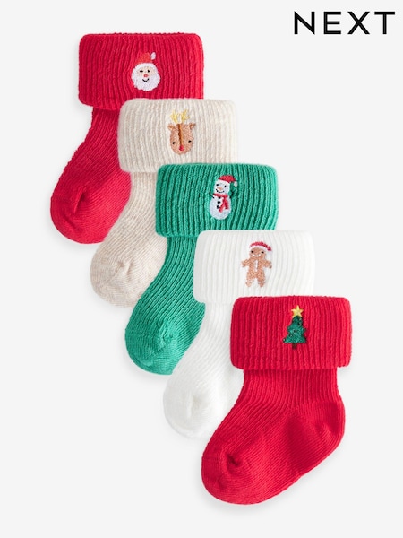 Red Green White Roll Top Embroidered Christmas Socks 5 Pack (0mths-2yrs) (AJ6717) | €7