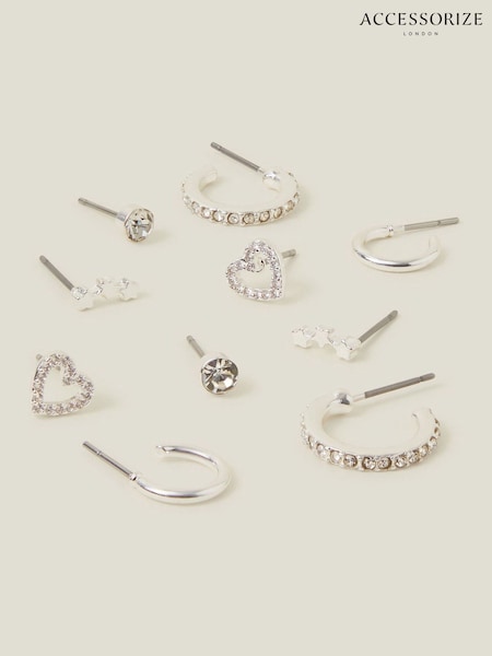 Accessorize Silver Tone Diamante Star Stud and Hoop Earrings 10 Pack (AJ7000) | €17.50