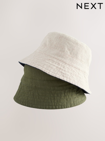 Khaki Green/Navy Blue Linen Reversible Bucket Hat 2 Pack (AJ7026) | kr243