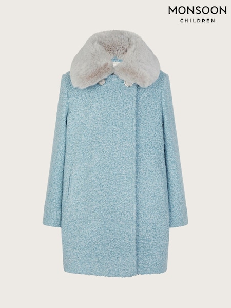 Monsoon Blue Faux Fur Collar Boucle Coat (AJ7095) | kr928 - kr1 071