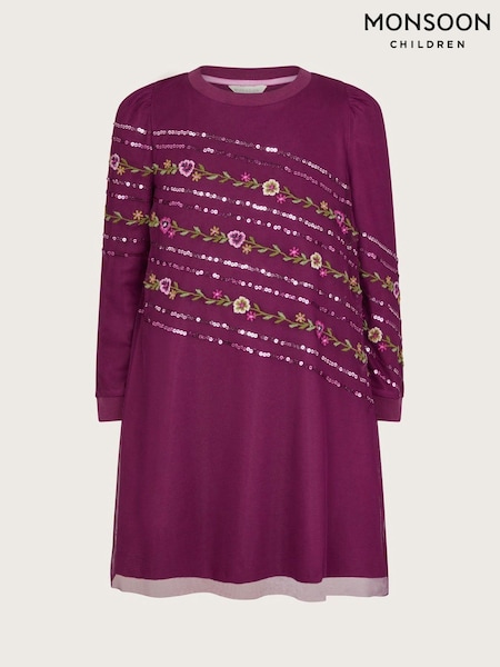 Monsoon Burgundy Red Floral Embellished Mesh Jersey Dress (AJ7097) | €21.50 - €26