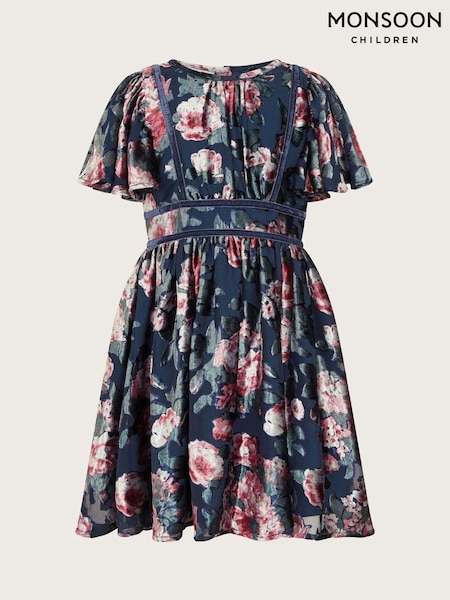 Monsoon Blue Flutter Sleeve Devore Floral Dress (AJ7111) | €30 - €35
