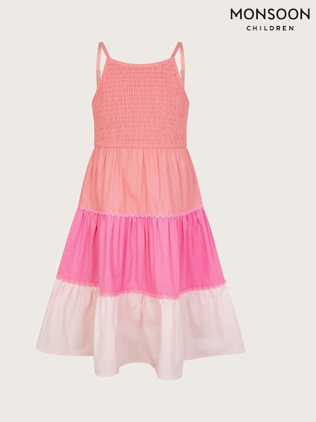 Monsoon Orange Smocked Strappy Colour Block 100% Cotton Dress (AJ7120) | ₪126 - ₪146