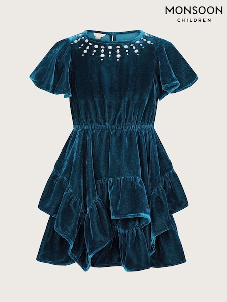 Monsoon Blue Gemstone Velvet Ruffle Dress (AJ7128) | € 41 - € 46