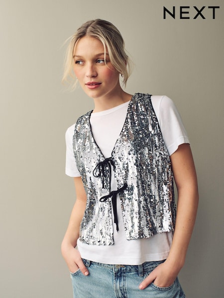 Silver Tie Front Sequin Waistcoat (AJ7134) | €14