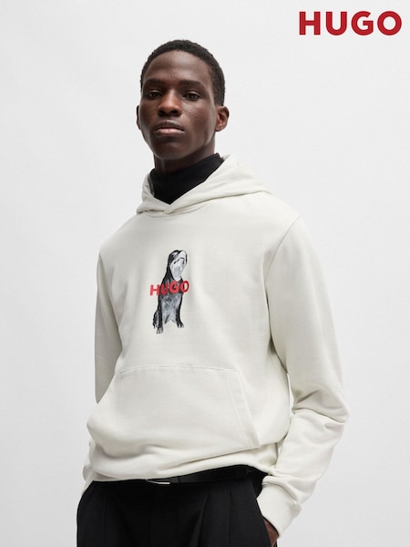 HUGO Grey Animal Print Graphic Hoodie in 100% Cotton Terry (AJ7271) | €82