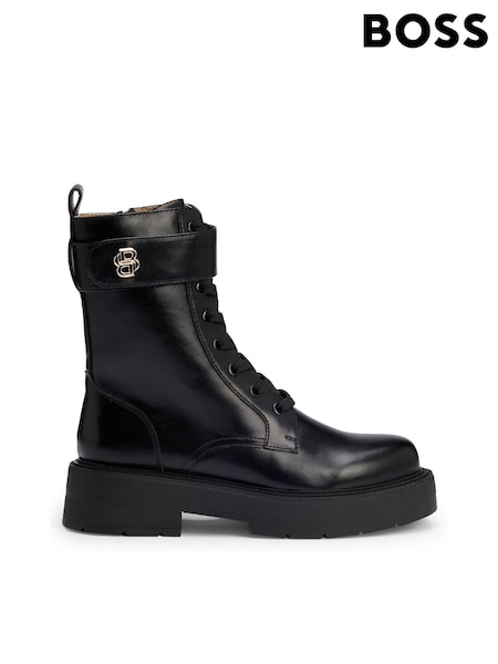 BOSS Black Leather Boots With Double B Monogram (AJ7328) | AED696