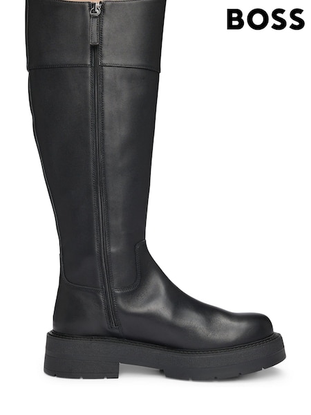BOSS Black Leather Knee Boots With Padded Double B Monogram (AJ7350) | AED841