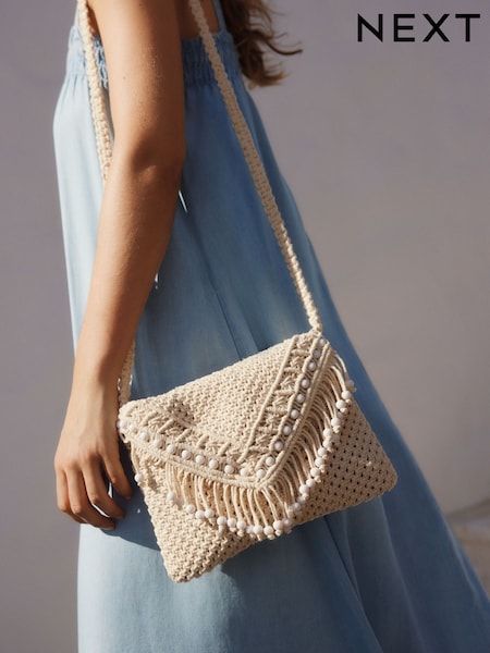 White Cotton Macrame Beaded Cross-Body Bag (AJ7360) | kr383