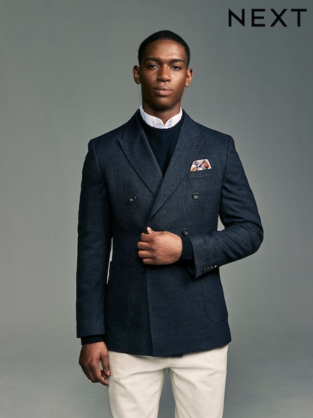 Navy Blue Regular Fit Double Breasted Textured Blazer (AJ7671) | €91