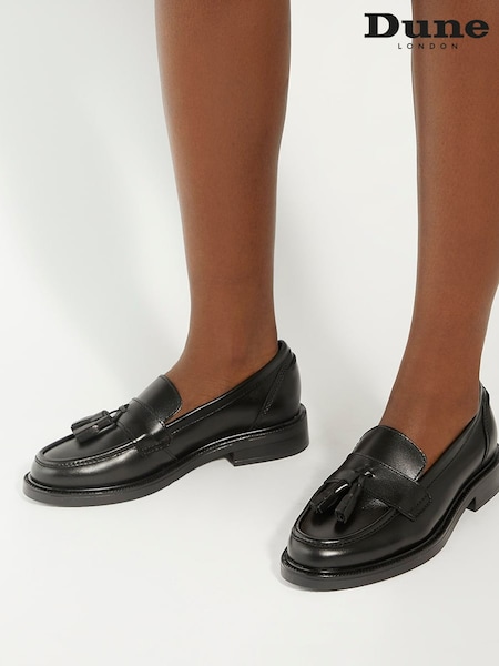 Dune London Garda Tassle Leather Black Loafers (AJ7706) | 663 LEI